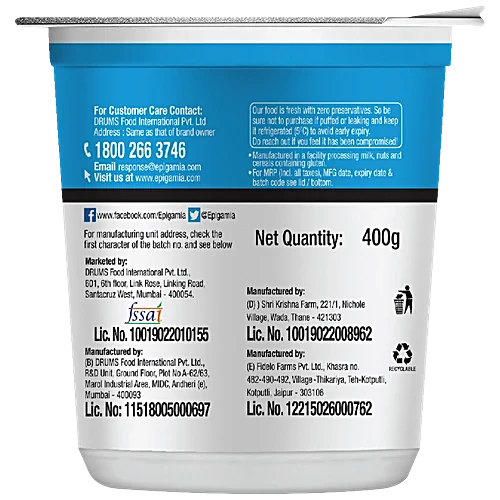 Natural Greek Yogurt - Partly Skimmed Yogurt - No Added Sugar, High In Protein & No Added Preservatives - Epigamia - 400gm
